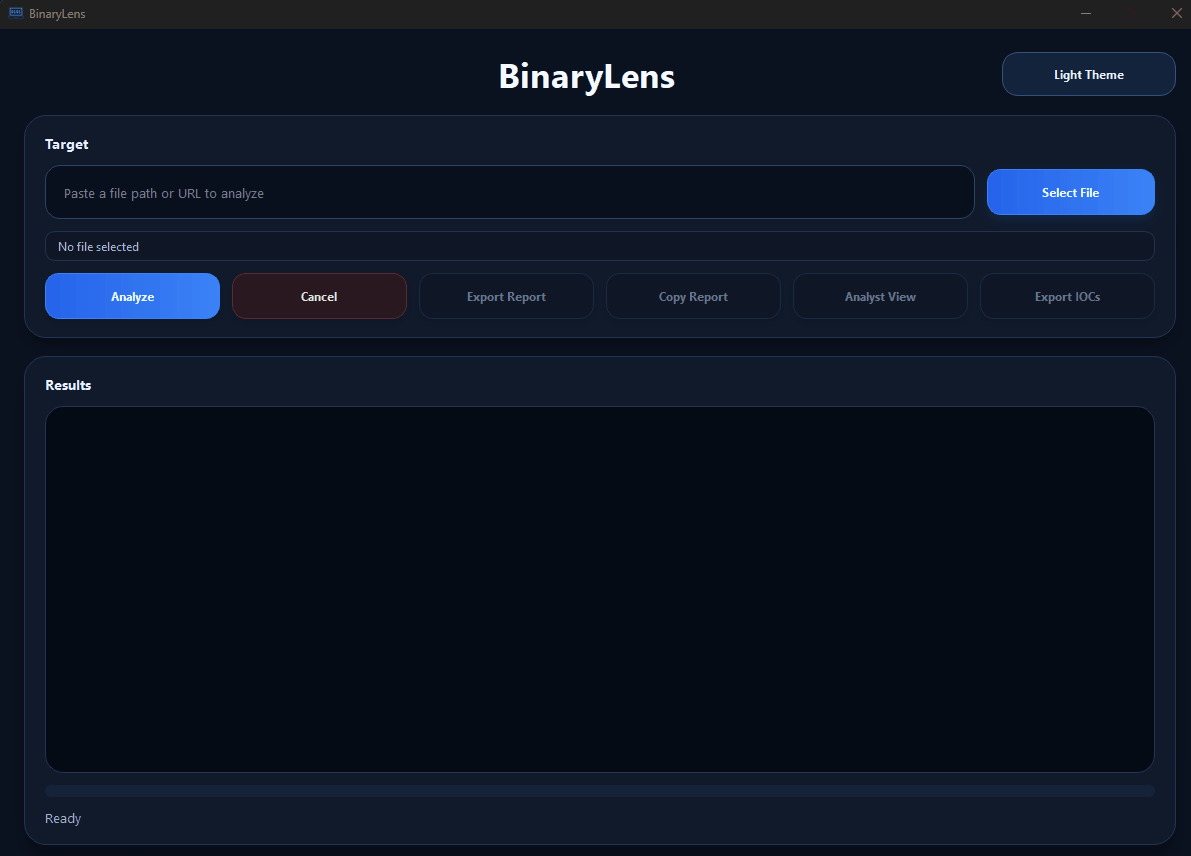 BinaryLens desktop demo showing the native Windows interface in action